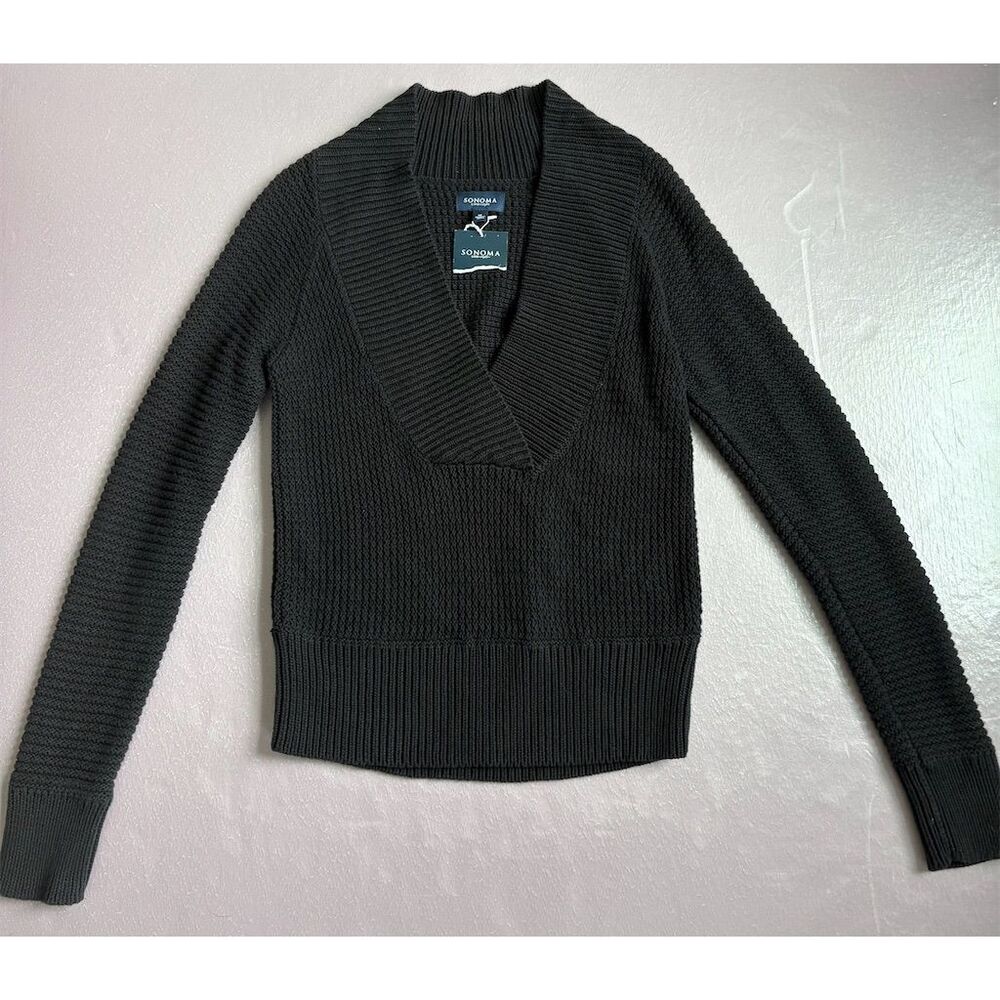 Sonoma Lifestyle Women's Black Shawl Collar Ribbed Pullover Sweater M New w tags